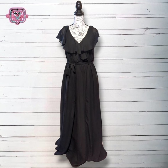 Jj's House Elegant Black Chiffon Flutter Sleeve Maxi Gown, Large - Picture 4 of 9